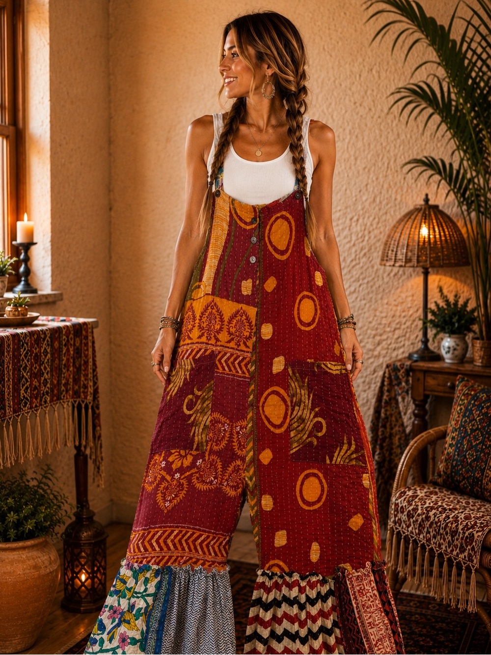 12 KANTHA Wide Leg ruffled OVERALLS. Size Friendly  Handmade Boho Boutique
